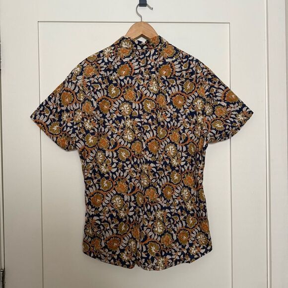 Slate & Stone Shirt Mens Large Blue Orange Floral Leaf Button Up Short Sleeve - Picture 4 of 12